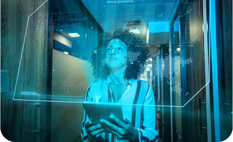 Analyst working with futuristic data overlay